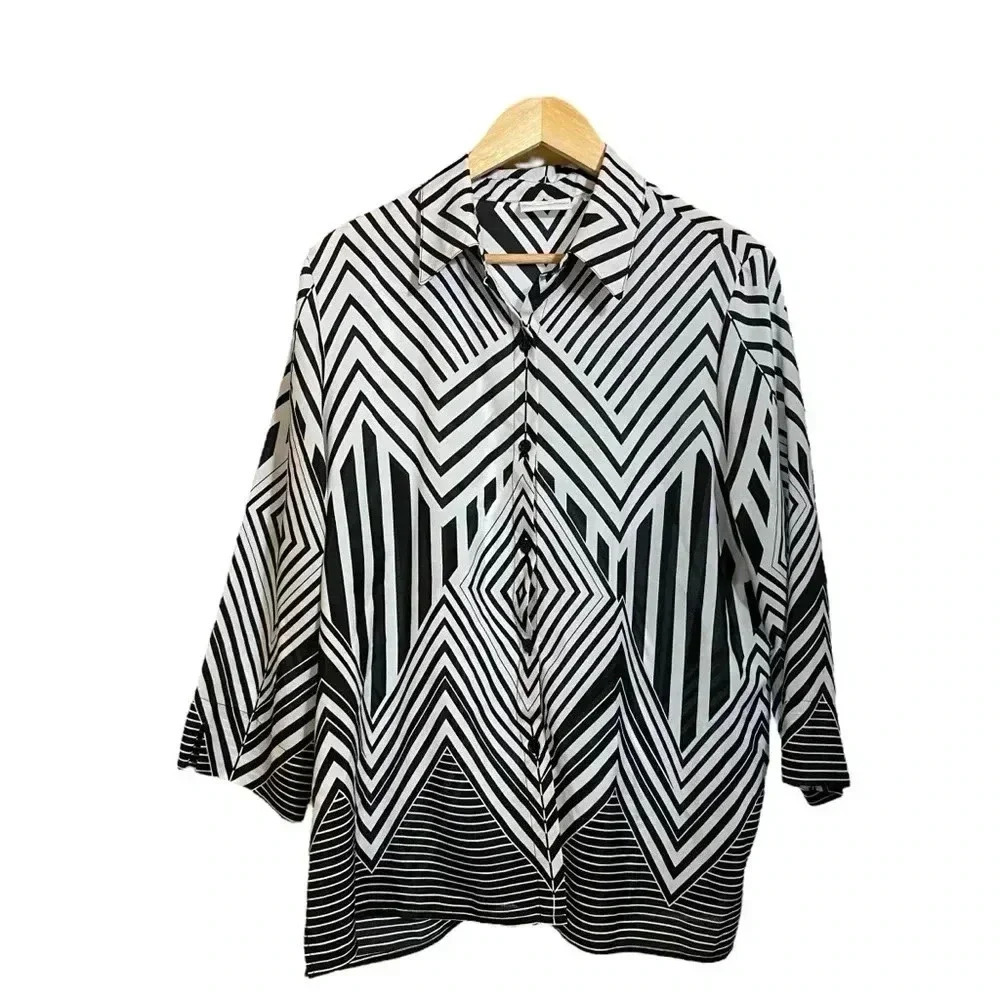 VGT Alfred Dunner 80s Women's Blouse Button Down Psychadelic Geometric Print 16